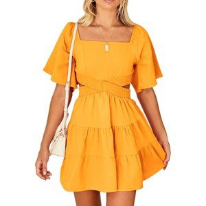 Tangerine Square Neck Cutout Waist Flutter Sleeve Cotton Dress - NWT